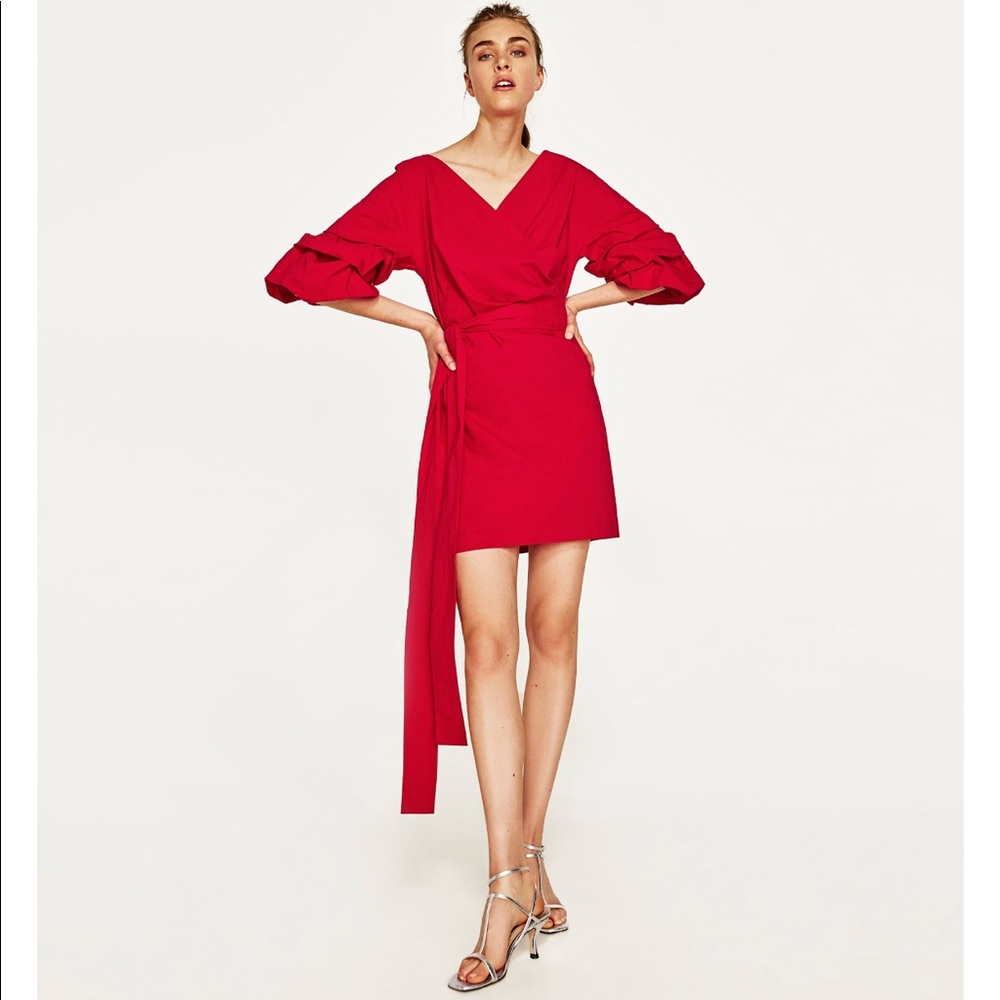 Red Cotton mixed Ruffled Sleeves Dress, NWT